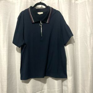 Glitz Navy Blue Quarter-Zip Polo Shirt - Ring Zipper Detail Striped Collar Sz3XL
